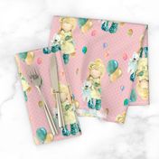 MEDIUM WATERCOLOR DOLL AND BALLOONS ON BABY PINK gingham