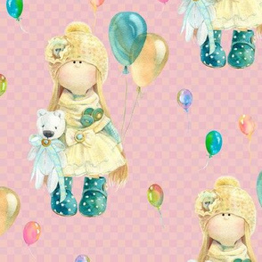 MEDIUM WATERCOLOR DOLL AND BALLOONS ON BABY PINK gingham