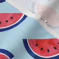 watercolor watermelon on blue - July 4th - red white and blue fabric