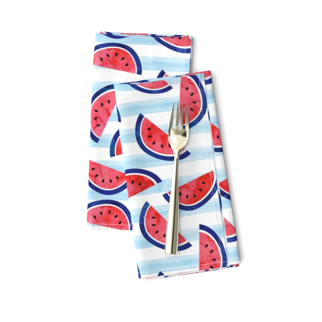 watercolor watermelon on blue stripes - red white and blue - July 4th fabric