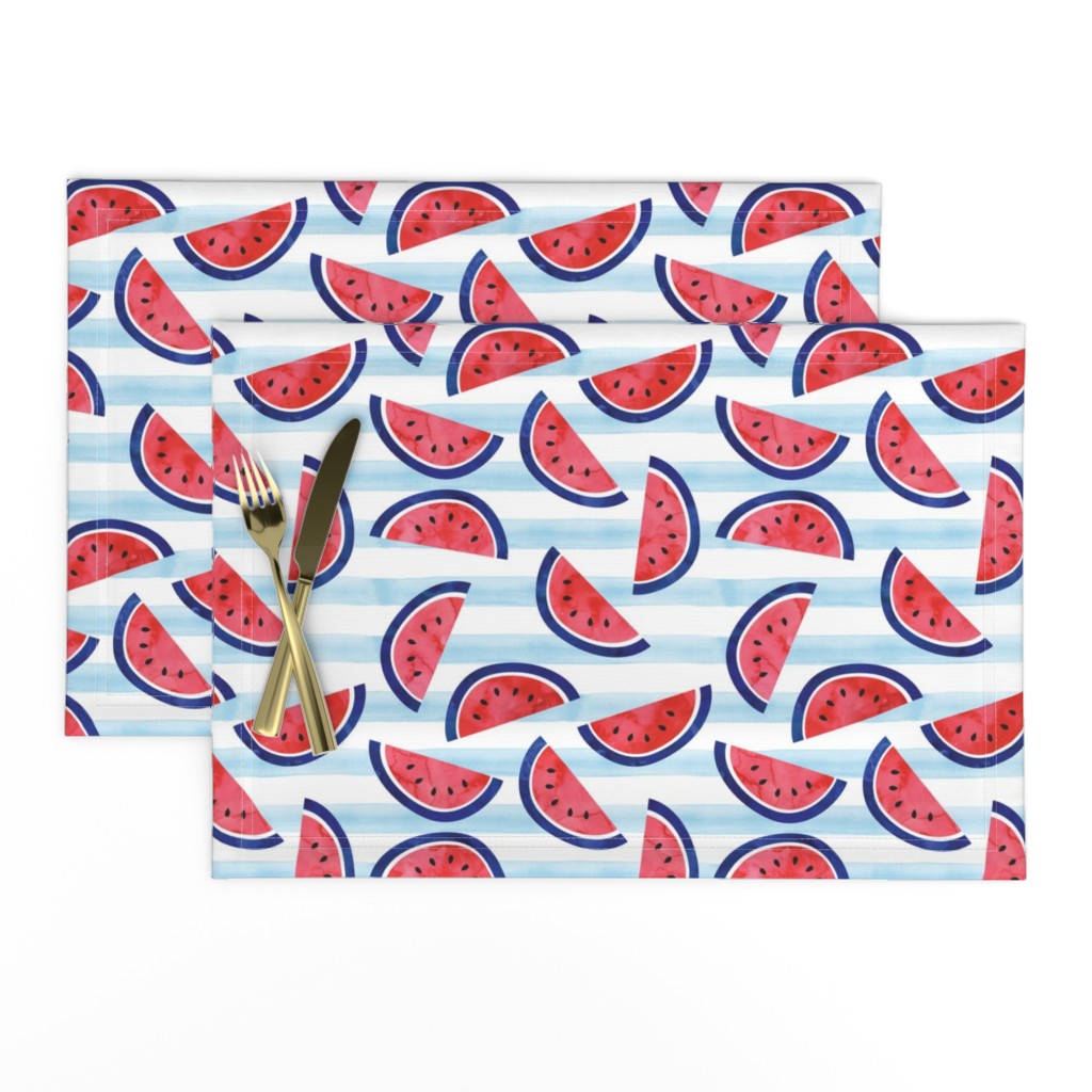 watercolor watermelon on blue stripes - red white and blue - July 4th fabric