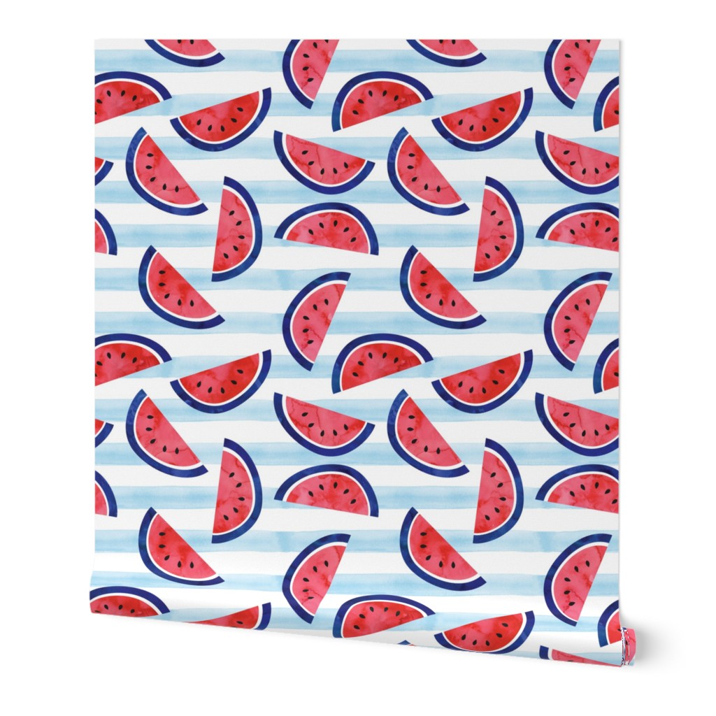 watercolor watermelon on blue stripes - red white and blue - July 4th fabric