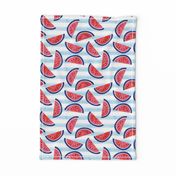 watercolor watermelon on blue stripes - red white and blue - July 4th fabric