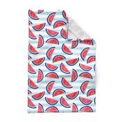 watercolor watermelon on blue stripes - red white and blue - July 4th fabric