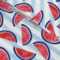 watercolor watermelon on blue stripes - red white and blue - July 4th fabric