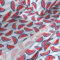 watercolor watermelon on blue stripes - red white and blue - July 4th fabric