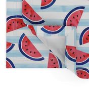 watercolor watermelon on blue stripes - red white and blue - July 4th fabric