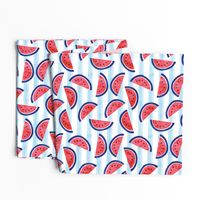 watercolor watermelon on blue stripes - red white and blue - July 4th fabric