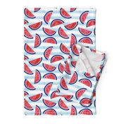 watercolor watermelon on blue stripes - red white and blue - July 4th fabric