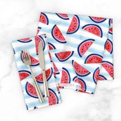 watercolor watermelon on blue stripes - red white and blue - July 4th fabric