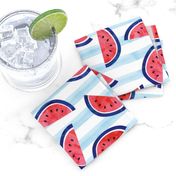 watercolor watermelon on blue stripes - red white and blue - July 4th fabric