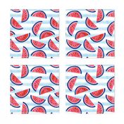 watercolor watermelon on blue stripes - red white and blue - July 4th fabric
