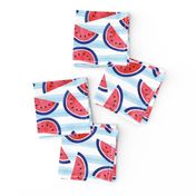 watercolor watermelon on blue stripes - red white and blue - July 4th fabric