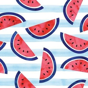 watercolor watermelon on blue stripes - red white and blue - July 4th fabric