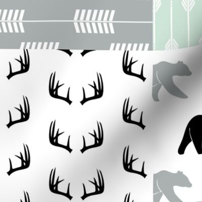 woodland patchwork - bear and moose - black grey mint 