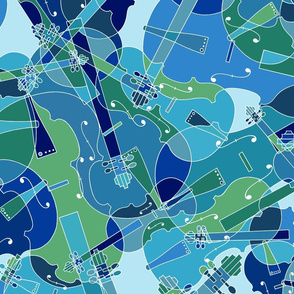 scattered violins, violas, cellos in  blue and green