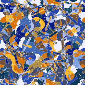 Violins, violas, cellos in blue, brown and beige.