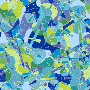 scattered violins, violas, cellos in blue and green (version 1)