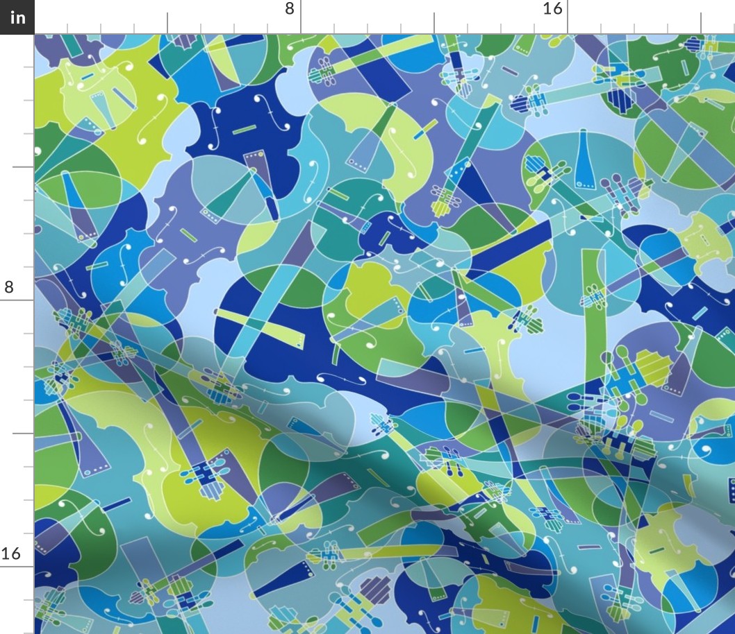 scattered violins, violas, cellos in blue and green (version 1)