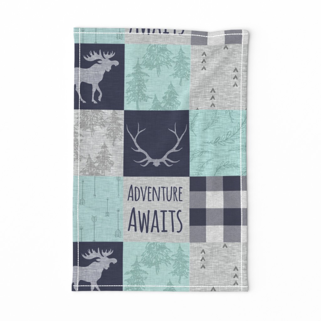 Adventure Awaits Patchwork- Mint, Navy and grey - moose, plaid, arrows, linen