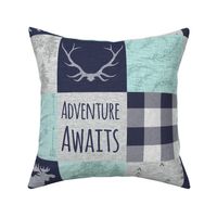 Adventure Awaits Patchwork- Mint, Navy and grey - moose, plaid, arrows, linen