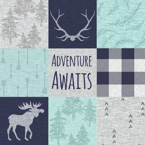 Adventure Awaits Patchwork- Mint, Navy and grey - moose, plaid, arrows, linen