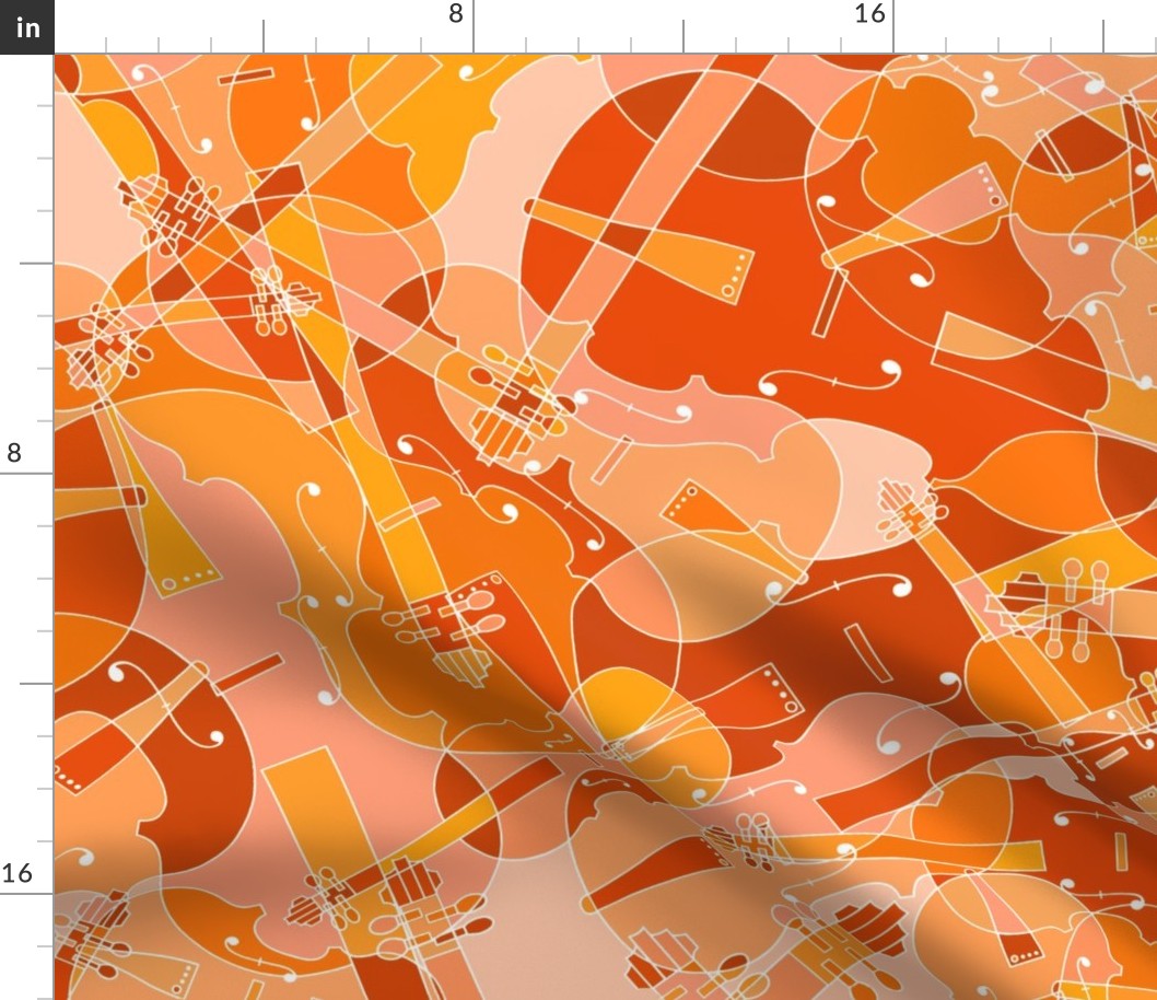 violins, violas, cellos in red, orange and pink