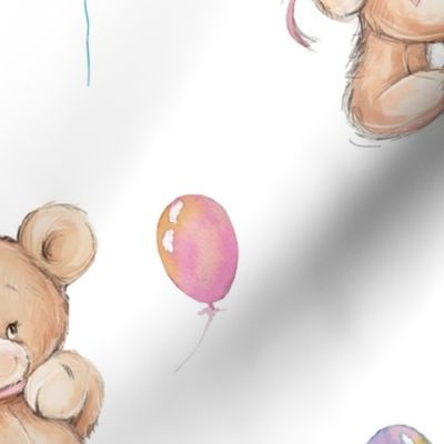 LARGE WATERCOLOR STUFFED TEDDY BEARS GIFT AND BALLOONS ON WHITE