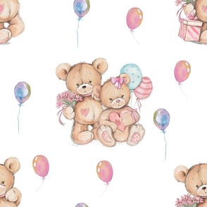 LARGE WATERCOLOR STUFFED TEDDY BEARS GIFT AND BALLOONS ON WHITE