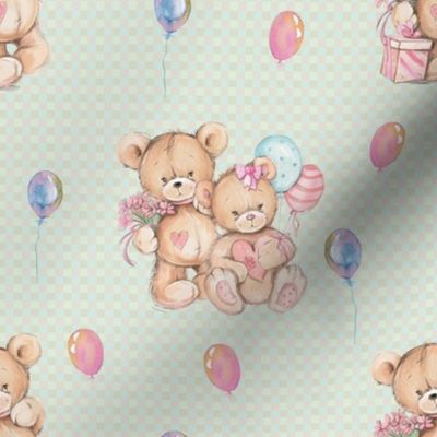 SMALL WATERCOLOR STUFFED TEDDY BEARS GIFT AND BALLOONS ON LIGHT GREEN GINGHAM