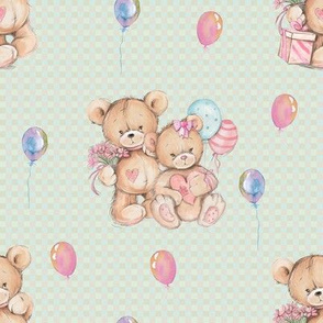 SMALL WATERCOLOR STUFFED TEDDY BEARS GIFT AND BALLOONS ON LIGHT GREEN GINGHAM