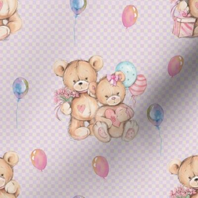 SMALL WATERCOLOR STUFFED TEDDY BEARS GIFT AND BALLOONS ON PINK GINGHAM