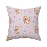 SMALL WATERCOLOR STUFFED TEDDY BEARS GIFT AND BALLOONS ON PINK GINGHAM