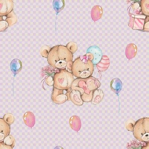 SMALL WATERCOLOR STUFFED TEDDY BEARS GIFT AND BALLOONS ON PINK GINGHAM