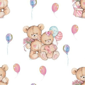 SMALL WATERCOLOR STUFFED TEDDY BEARS GIFT AND BALLOONS ON WHITE