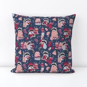 Small scale // Hygge raccoon // blue background red pink and purple wool