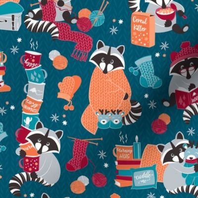 Small scale // Hygge raccoon III // turquoise blue background red orange and blue wool