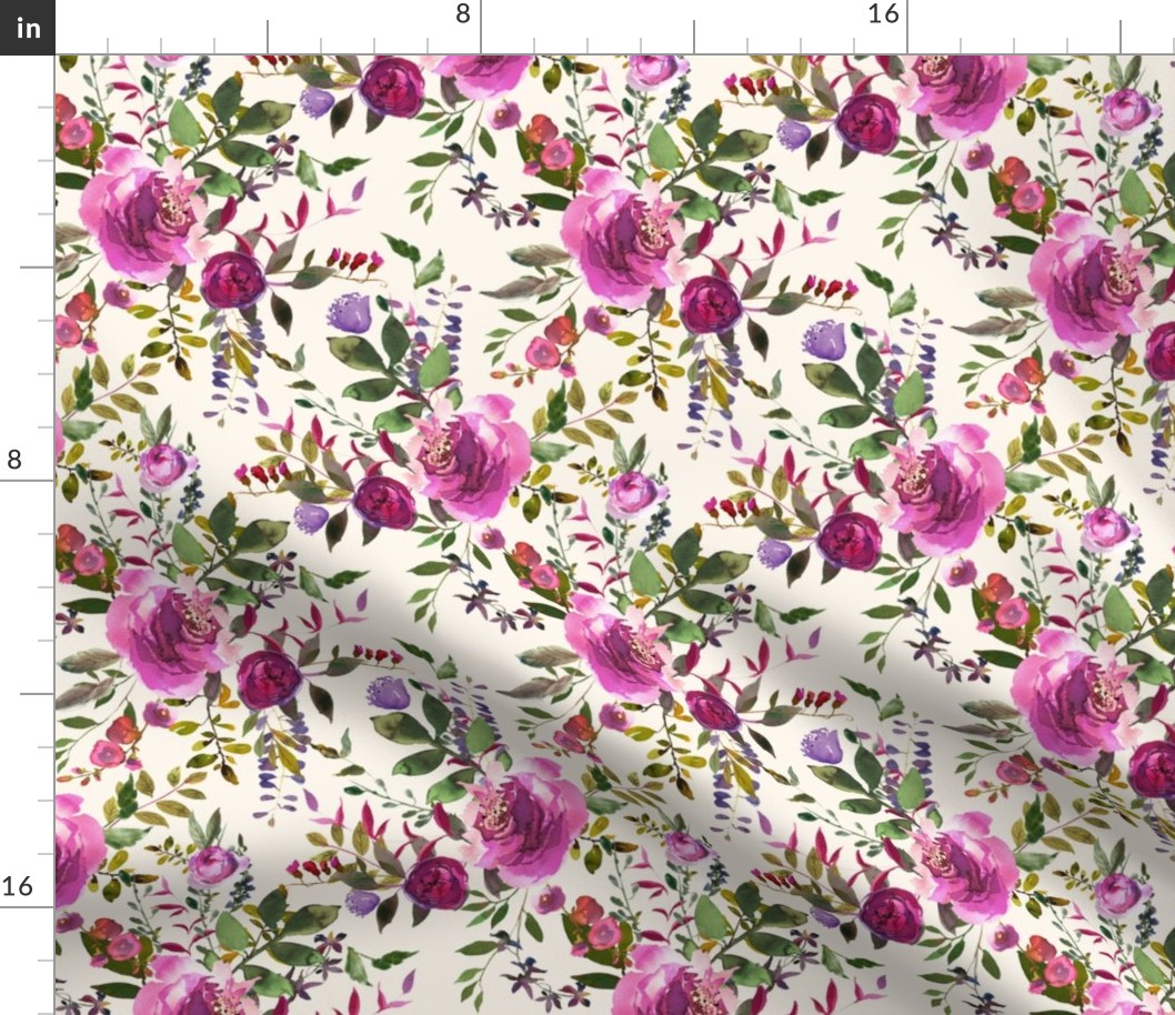 8" DARK PINK AND PURPLE HUES FLORALS IVORY