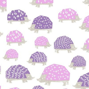 linocut hedgehog // fabric nursery kids woodland nature animals purples