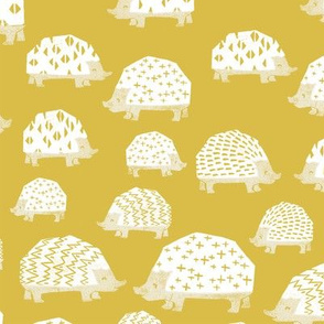 linocut hedgehog // fabric nursery kids woodland nature animals mustard