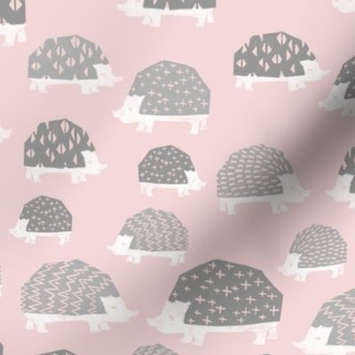 linocut hedgehog // fabric nursery kids woodland nature animals pink grey