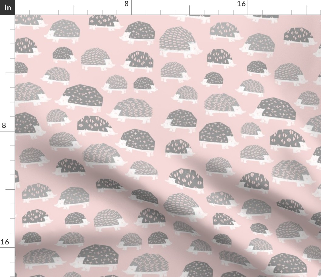 linocut hedgehog // fabric nursery kids woodland nature animals pink grey