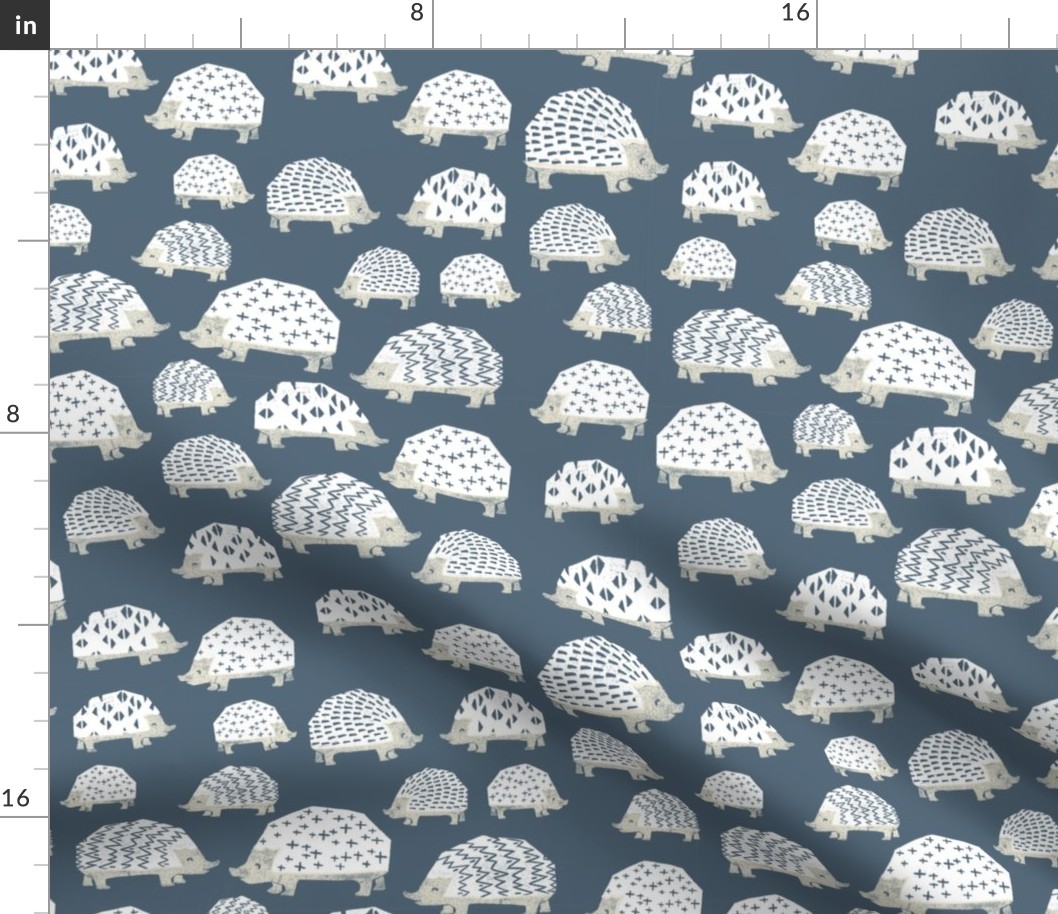 linocut hedgehog // fabric nursery kids woodland nature animals payne's grey