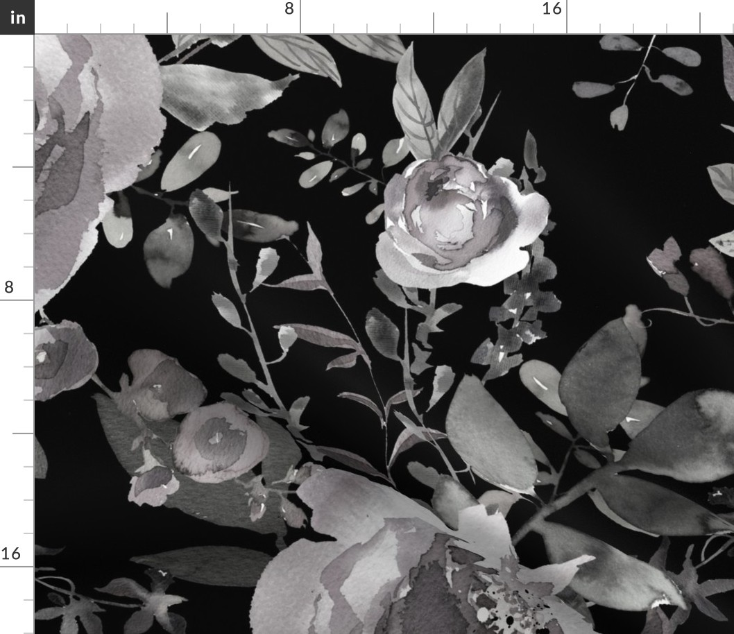 36" Grey and Black Florals / Black