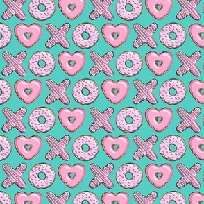 (extra small scale) X O  heart shaped donuts - xo heart donuts on dark teal 