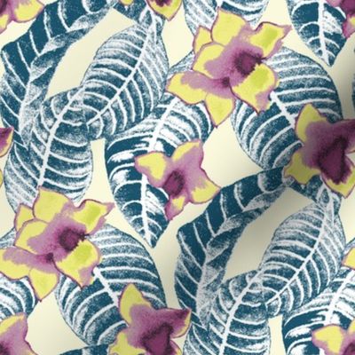 tropical flower palm leaf design - plum yellow cream