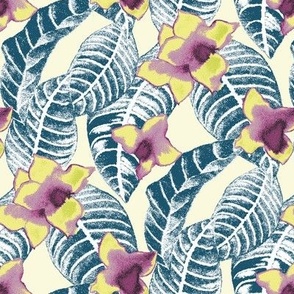 tropical flower palm leaf design - plum yellow cream