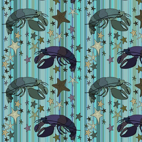 Lobsters on Steampunk Barcode Stripe teal