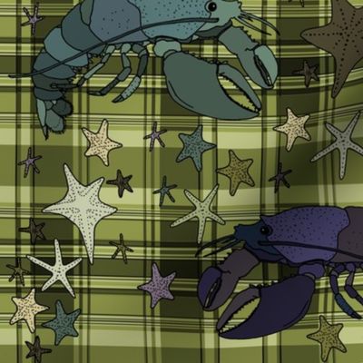 Lobsters on plaid square - olive