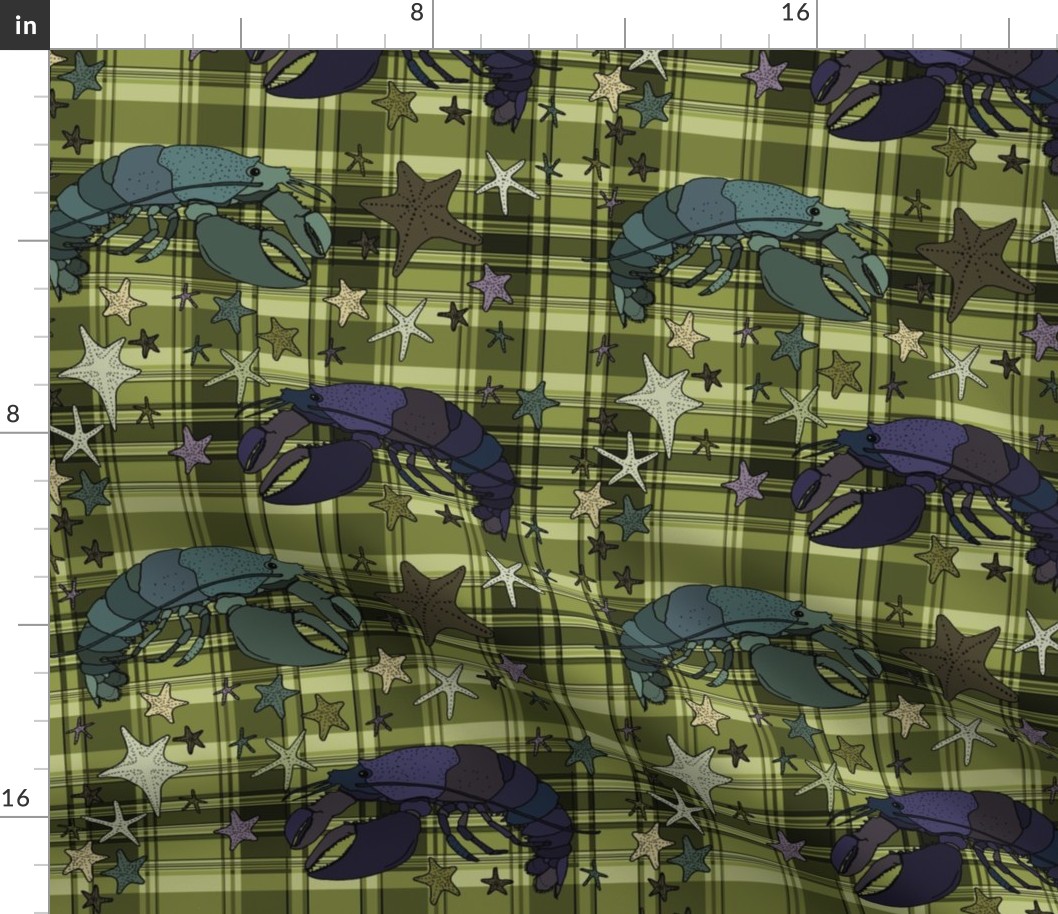 Lobsters on plaid square - olive